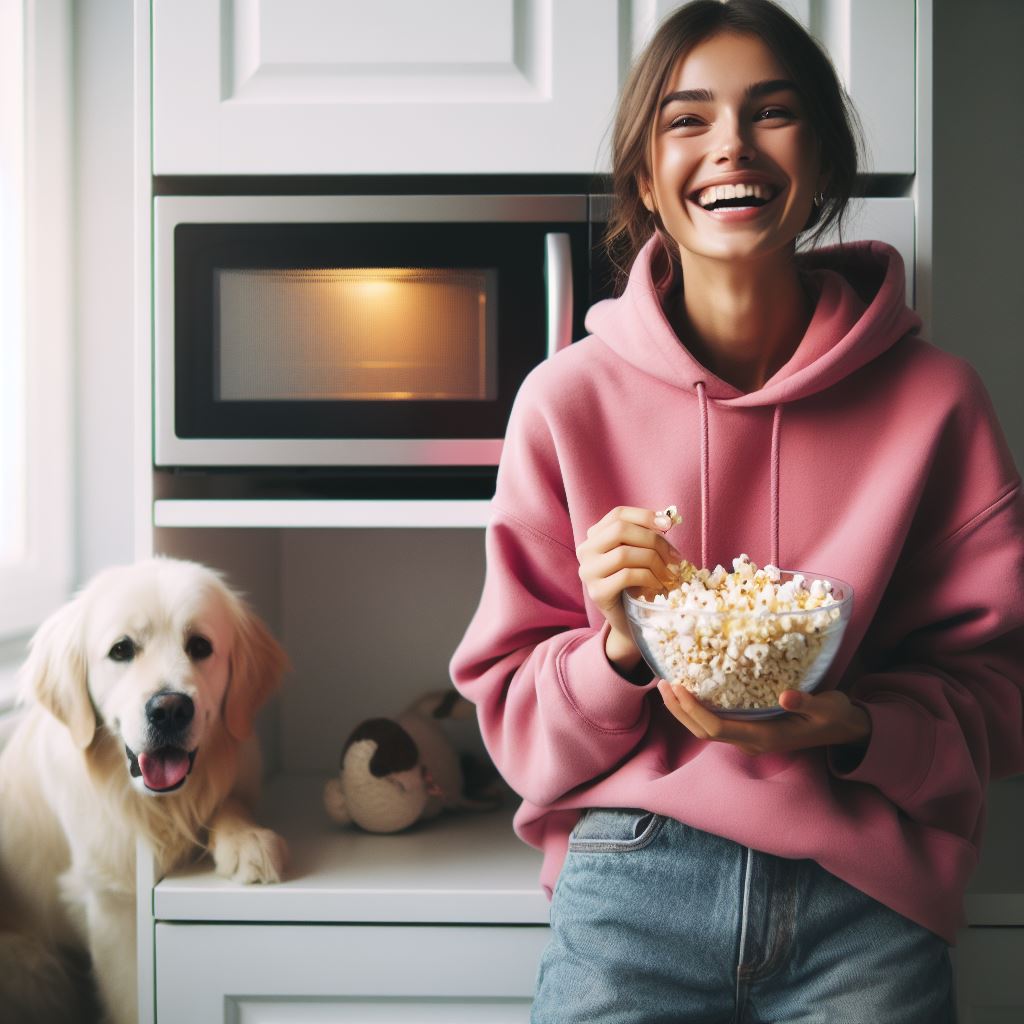 This image shows a young girl eating pop corn with dog in front of microwave oven.