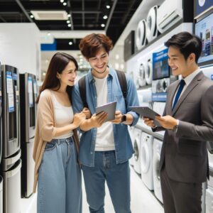 Customer buying used appliances in Dubai showroom with refrigerators and washing machines on display