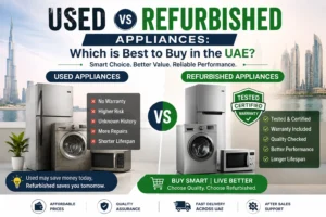 Used vs refurbished appliances comparison in Dubai showing with modern and used condition in visual contrast