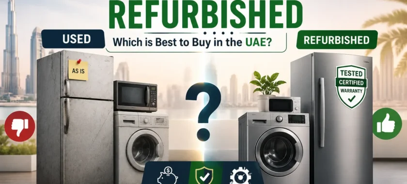 Used vs refurbished appliances comparison in Dubai showing with modern and used condition in visual contrast