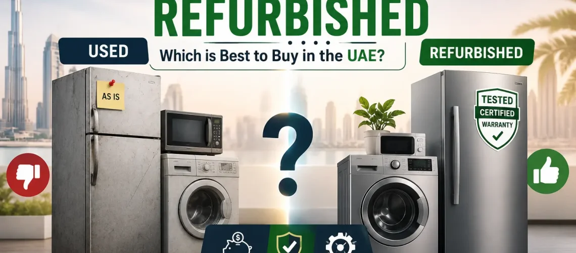 Used vs refurbished appliances comparison in Dubai showing with modern and used condition in visual contrast